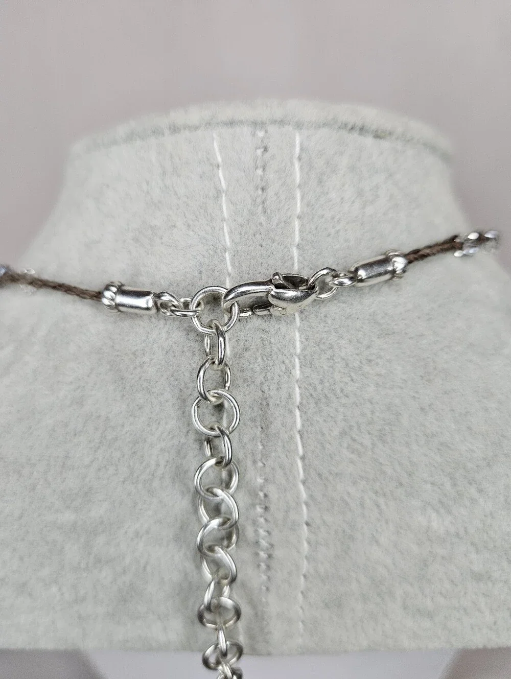 Brighton Karma Crystal Heart Charm Necklace Brown Braided Cord Silver Gold EUC
